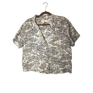 Rachel Zoe Mushroom Print 100% Linen Boxy Shirt sz M natural fiber, quirky, nove